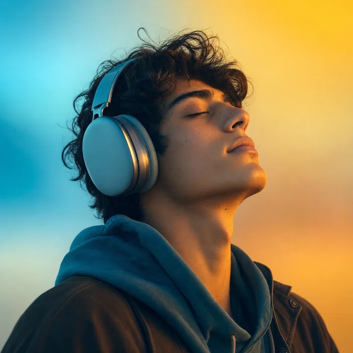Brand style example, person wearing headphones lost in music